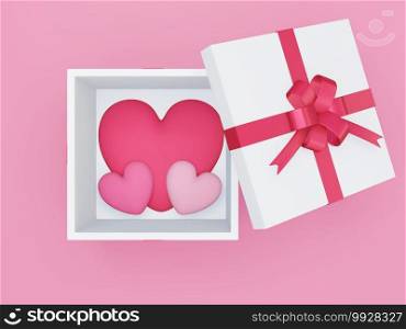Valentine’s day, love concept background, top view of 3d opened gift box with heart shape inside