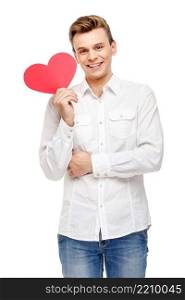 Valentine’s Day. Man holding heart shaped greeting card. Man holding heart shaped greeting card