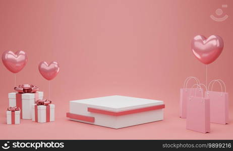 Valentine’s Day   podium or product stand with hearts balloon, gift box and shopping bag on pastel pink background with copy space. 3d rendering.