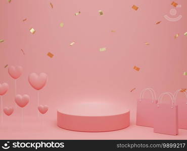 Valentine’s Day   podium or product stand with hearts, shopping bag and gold glitter on pastel pink background with copy space. 3d rendering.