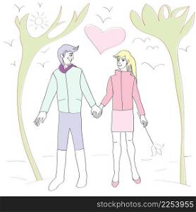 Valentine’s Day romantic lovers greetings card, artistic illustration with a young couple outdoors in nature, doodles isolated on white