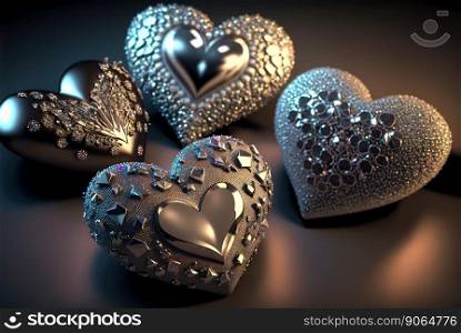 Valentine’s Day Silver hearts with diamonds and ornaments. Romantic jewelry. Generative AI.. Valentine’s Day Silver hearts with diamonds and ornaments. Romantic jewelry. Generative AI