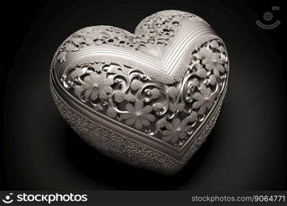Valentine’s Day Silver ornate heart with diamonds. Romantic jewelry. Generative AI.. Valentine’s Day Silver ornate heart with diamonds. Romantic jewelry. Generative AI