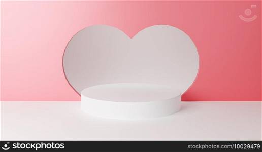 Valentine’s day stage podium mock up with pink heart product display showcase 3d render. Premium modern podium stand. Holiday greeting card for Valentine’s Day with copy space on February 14 of love.