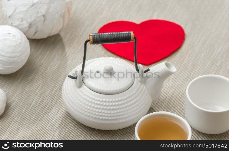 Valentine's day surprice for couple. Romantic tea set with red heart
