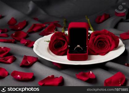 valentine s day table set roses engagement ring plate. High resolution photo. valentine s day table set roses engagement ring plate. High quality photo