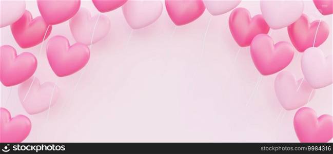 Valentine’s day, template for love concept, 3D illustration of pink heart shaped balloons floating overlapping with blank space, banner background