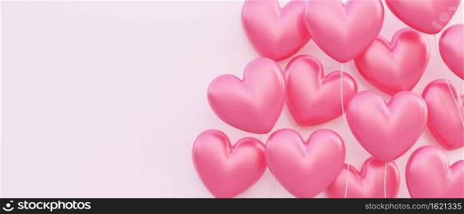 Valentine’s day, template for love concept, 3D illustration of red heart shaped balloons floating overlapping with blank space, banner background