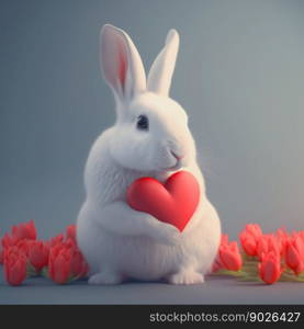 Valentine’s Day White rabbit holding heart. Generative AI.. Valentine’s Day White rabbit holding heart. Generative AI