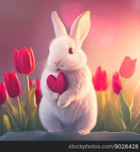 Valentine’s Day White rabbit holding heart on background with tulips. Generative AI.. Valentine’s Day White rabbit holding heart on background with tulips. Generative AI
