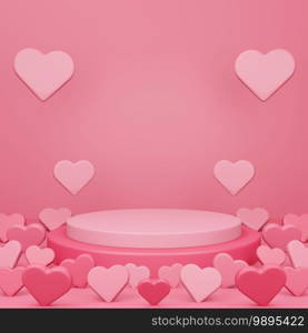 Valentines day, 3d round podium or pedestal with red empty studio room, minimal product background with heart floating and on the floor, template mock up for display