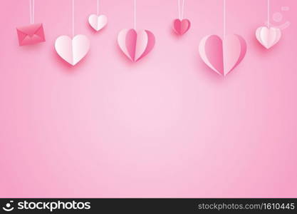 Valentines day background for greeting cards with paper hearts hanging on pink pastel.