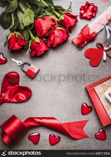 Valentines day background with love symbols , red decoration and beautiful roses bunch, top view, frame