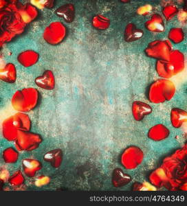 Valentines day background with red roses and hearts , top view, frame