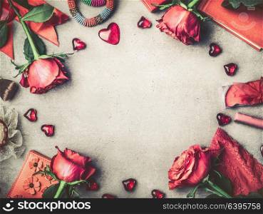 Valentines day background with roses, hear and female accessories, top view horizontal frame