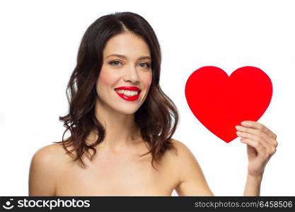 valentines day, beauty and people concept - happy smiling young woman with red lipstick and heart shape over white background. beautiful woman with red lipstick and heart shape