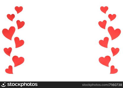 Valentines Day card background, border of red cute hearts made of paper. White background with hearts in paper cut in different size. Valentine Day romantic. Copyspace. Valentines Day card background, red cute hearts made of paper. White background with hearts in paper cut in different size. Valentine Day romantic. Copyspace