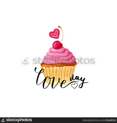 Valentines day card. Vector lettering with cute watercolor cupcake . Love day handwritten words. Valentines day card. Vector lettering with cute watercolor cupcake . Love day handwritten words.