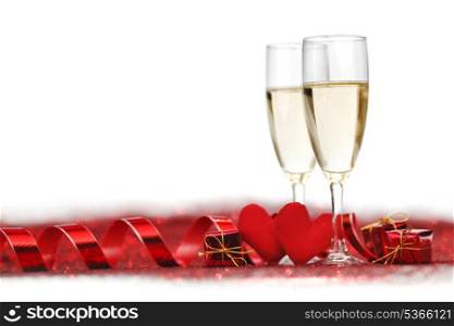 Valentines day card with champagne glasses and decoration