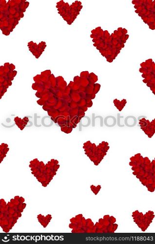 Valentines Day card with Heart Made of Red Roses petals Isolated on white. Valentines Day pattern with hearts. Vertical banner.. Valentines Day card with Heart Made of Red Roses petals Isolated on white. Vertical banner.