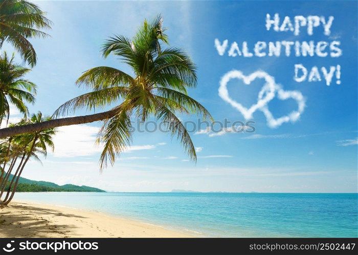 Valentines day card with tropical beach and coconut palm trees
