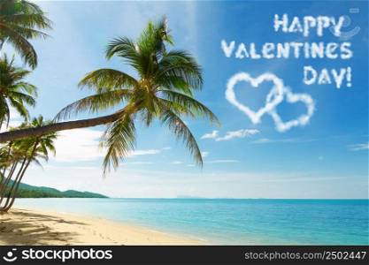 Valentines day card with tropical beach and coconut palm trees