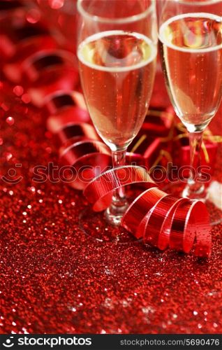 Valentines day Champagne and decorative ribbon