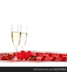 Valentines day Champagne with red glitter decoration. Valentines day Champagne