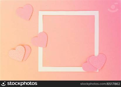 Valentines day frame on pink background with copy space, toned. Valentines day frame. Valentines day frame