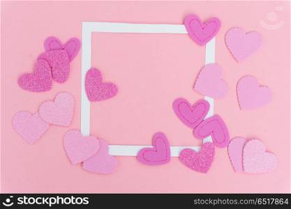 Valentines day frame. Valentines day layot on pink background with copy space