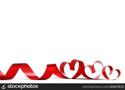 Valentines day frmae made of red ribbon hearts, isolated on white