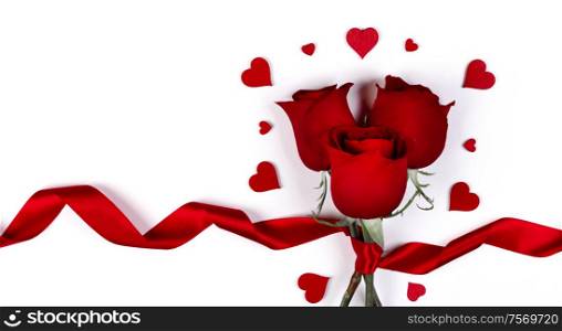 Valentines day hearts and red rose flowers isolated on white background. Rose flowers and hearts on white