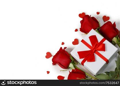 Valentines day hearts, red rose flowers and gift box isolated on white background. Rose flower and gift box on white