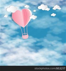 Valentines day in the sky and clound background with hearts pink balloon paper pattern illustration.