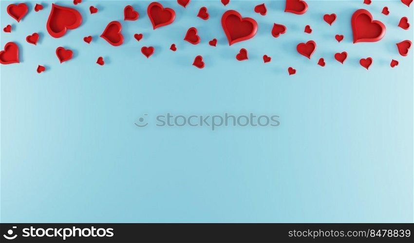 Valentines day light blue background with red hearts on top. Valentines day concept. Top view. Romantic background concept. valentines day mockup, template. 3d rendering