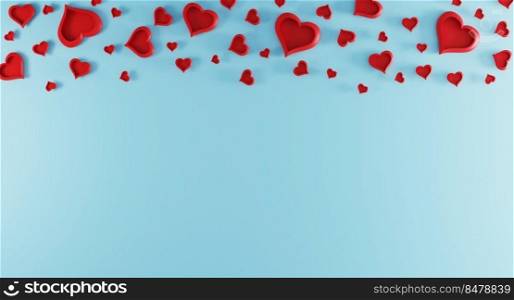 Valentines day light blue background with red hearts on top. Valentines day concept. Top view. Romantic background concept. valentines day mockup, template. 3d rendering