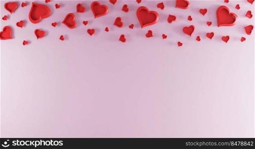 Valentines day pink background with red hearts on top. Valentines day concept. Top view. Romantic background concept. valentines day mockup, template. 3d rendering