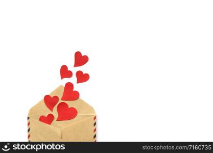 Valentines day, red hearts from the craft envelope isolated on white background. Love concept. 14 february. Copyspace. Valentines day, red hearts from the craft envelope isolated on white background. Love concept. Copyspace