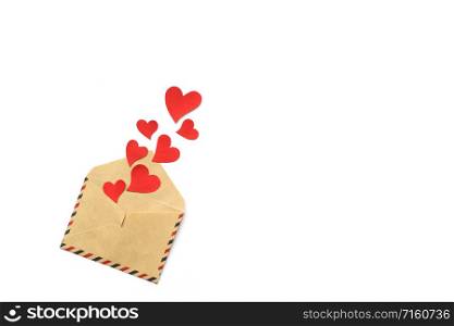 Valentines day, red hearts from the craft envelope isolated on white background. Love concept. Copyspace. Valentines day, red hearts from the envelope isolated on white background. Love concept. Copyspace