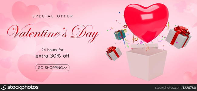 Valentines day sale banner with red heart and present box and pink hearts background with text special offer valentine&rsquo;s day 24 hours for extra 30% off go shopping.