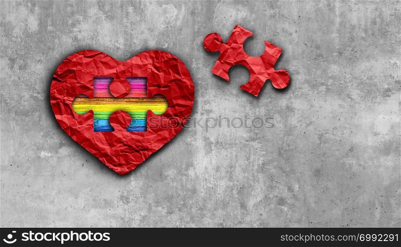 Valentines inside love and valentine love symbol as diversity dating and romantic relationship as a puzzle piece with a rainbow on a red heart as a 3D illustration.