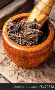 Valerian herb root. Traditional folk remedy from valerian roots in a mortar