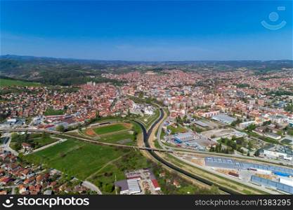 Valjevo, Aerial view panorama of city in Serbia, administrative center of the Kolubara District in western Serbia,