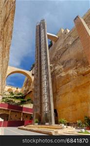 Valletta. City lift to fortress wall.. Valletta. Elevator in upper gardens Barrakka. Malta