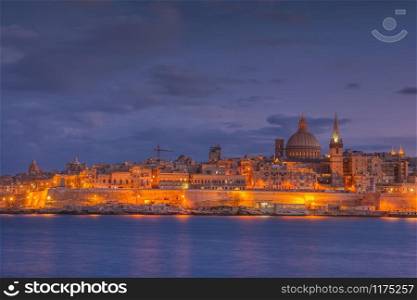 Valletta, Malta: Skyline from Marsans Harbour at sunset.
