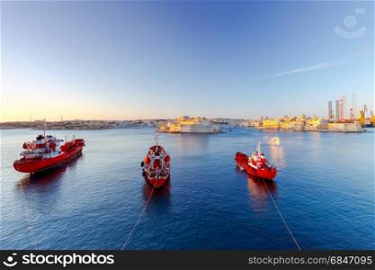 Valletta. Mediterranean harbor.. Mediterranean harbor In Valletta at dawn. Malta.