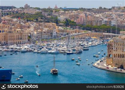 Valletta. Mediterranean harbor.. Mediterranean harbor of Valletta in the sunny day. Malta.