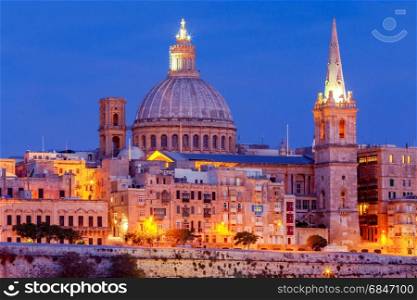 Valletta. Mediterranean harbor.. St. Paul&rsquo;s Cathedral in Valletta at sunset. Malta.