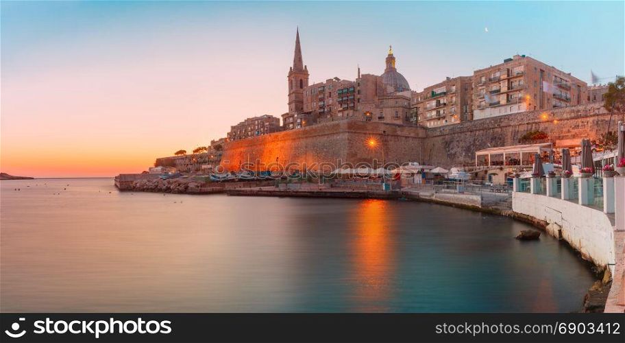 Valletta Skyline at the dawn, Malta. Panorama with Valletta Skyline with churche of Our Lady of Mount Carmel and St. Paul&rsquo;s Anglican Pro-Cathedral, at dawn, Valletta, Capital city of Malta