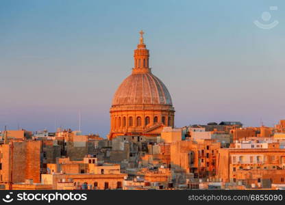 Valletta. The Basilica of Our Lady and the Tower of the Cathedral.. The Basilica of Our Lady of Mount Caramel in the historical part of Valletta. Malta.